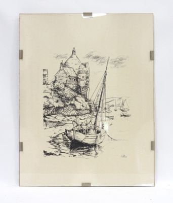un dessin représentant un bateau dans l'eau près d'un château