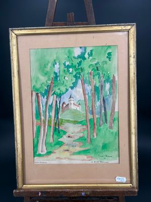 an image of a painting on a easel with a black background