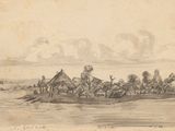 drawing of a small village on a small island in the middle of the ocean