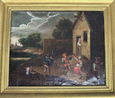tableau représentant un groupe d'enfants jouant dans un champ, avec une maison en arrière-plan