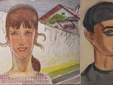 painting of a boy and a girl in front of a painting of a house