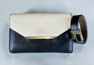 a black and white purse with a gold buckle on it