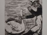 a picture of a drawing of a man feeding a swan