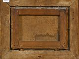 an old picture of a wooden frame with a brown stain on it
