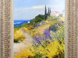 a painting of a path leading to a house on a hill