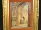 an oil painting of a courtyard with arches and arches
