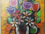 a painting of flowers in a vase on a table