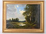 une peinture à l'huile représentant un paysage avec une rivière au premier plan et des arbres à l'arrière-plan