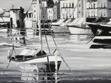 painting of a black and white picture of a boat in the water