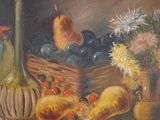 a painting of a still life with fruit and flowers