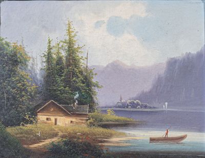 a painting of a man in a boat on a lake