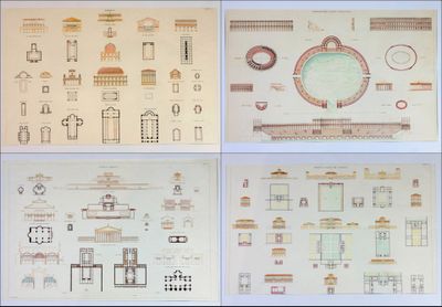 four different views of architectural drawings of a building and a clock