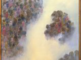 an oil painting of a group of people standing in front of a tree