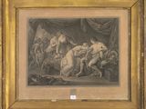 une vieille photo représentant un tableau où l'on voit un groupe de personnes dans une pièce