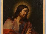 a painting of jesus holding a cross in his hand