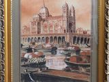 painting of a large building with a clock tower in the middle of it