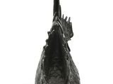 statue of a black dog with its mouth open on a white background