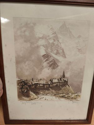 tableau représentant un paysage de montagne avec une calèche au premier plan