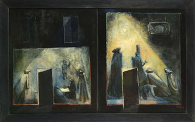 two paintings of a man and woman in a dark room, one of which is lit by a candle