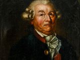 un vieux tableau représentant un homme vêtu d'un manteau noir, avec une médaille autour du cou