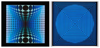 two framed pictures of blue and black squares on a white background