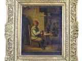 un vieux tableau représentant un homme assis à une table devant un groupe d'hommes