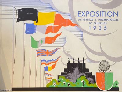 une affiche représentant un bâtiment avec des drapeaux flottant au vent