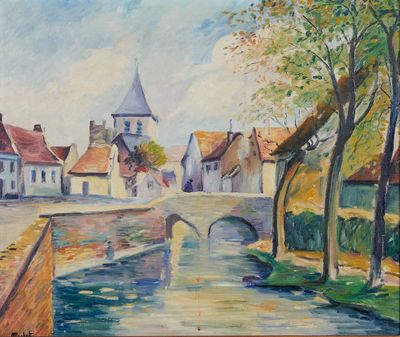 tableau représentant un village avec un pont et une église en arrière-plan