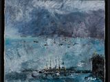 an oil painting of boats in a body of water with mountains in the background