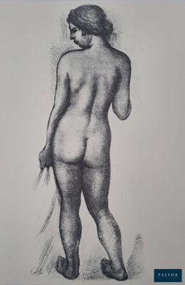 un dessin en noir et blanc représentant une femme debout, de dos par rapport à l'appareil photo