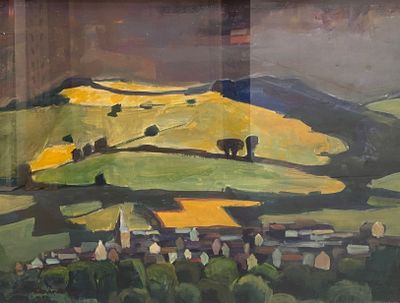 a painting of a landscape with a hill in the background