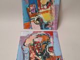 deux tableaux représentant un homme assis à une table devant un miroir