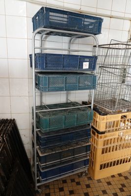 a rack with baskets and crates on it in a room