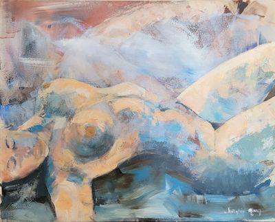 a painting of a nude woman laying down on a bed