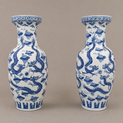 INDOCHINE Paire de grands vases balustres en porcelaine déco…