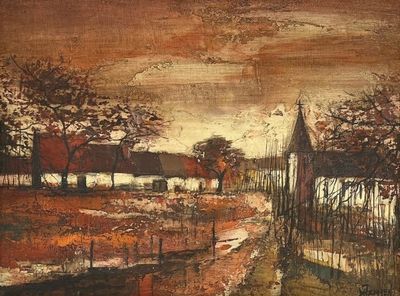 une image représentant un tableau d'une ferme avec une clôture et des arbres