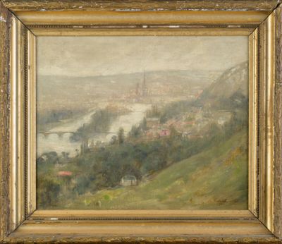 un tableau représentant un paysage avec une rivière et une ville au loin