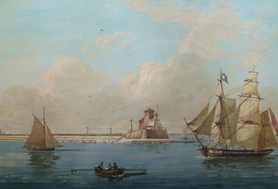 un tableau représentant un bateau sur l'eau, avec un phare en arrière-plan