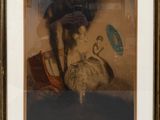 tableau représentant une femme et un chien dans une pièce où se trouve un miroir