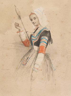 dessin représentant une femme en costume traditionnel tenant un bâton