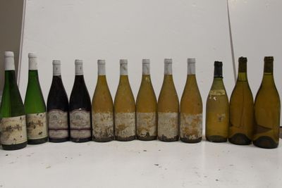 many bottles of wine lined up on the counter