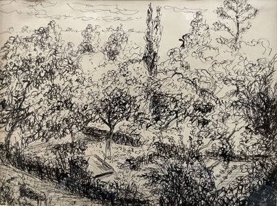 dessin d'un paysage avec des arbres et une rivière au premier plan