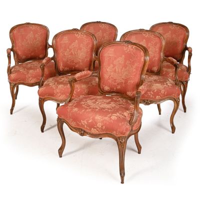 six chairs and a table with a red upholstered upholstered upholstered upholstered upholstered upholstered upholstered upholstered