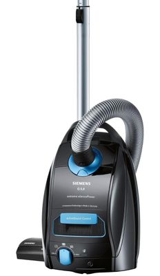 a black and blue vacuum cleaner with a hose on top of it