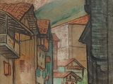 painting of a street scene with a person walking down the street