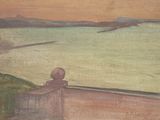 a painting of a person looking out over a body of water