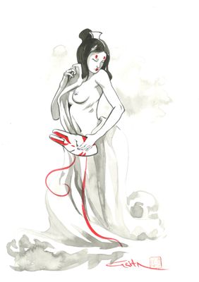 tableau représentant une femme en robe blanche tenant un ruban rouge