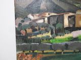a painting of sheep grazing in a field with a mountain in the background