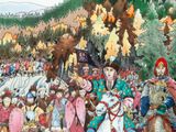 a painting of a group of people riding horses in a field
