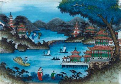 CHINE - Début XXe siècle Fixé-sous-verre à décor d'une scène…